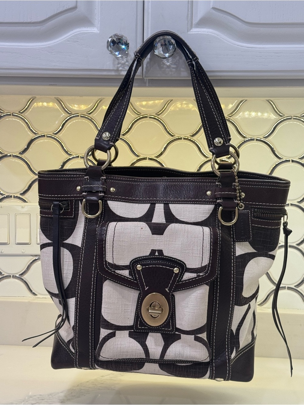Authentic Vintage Coach Carly Canvas and Leather Tote Bag in Brown and Cream
